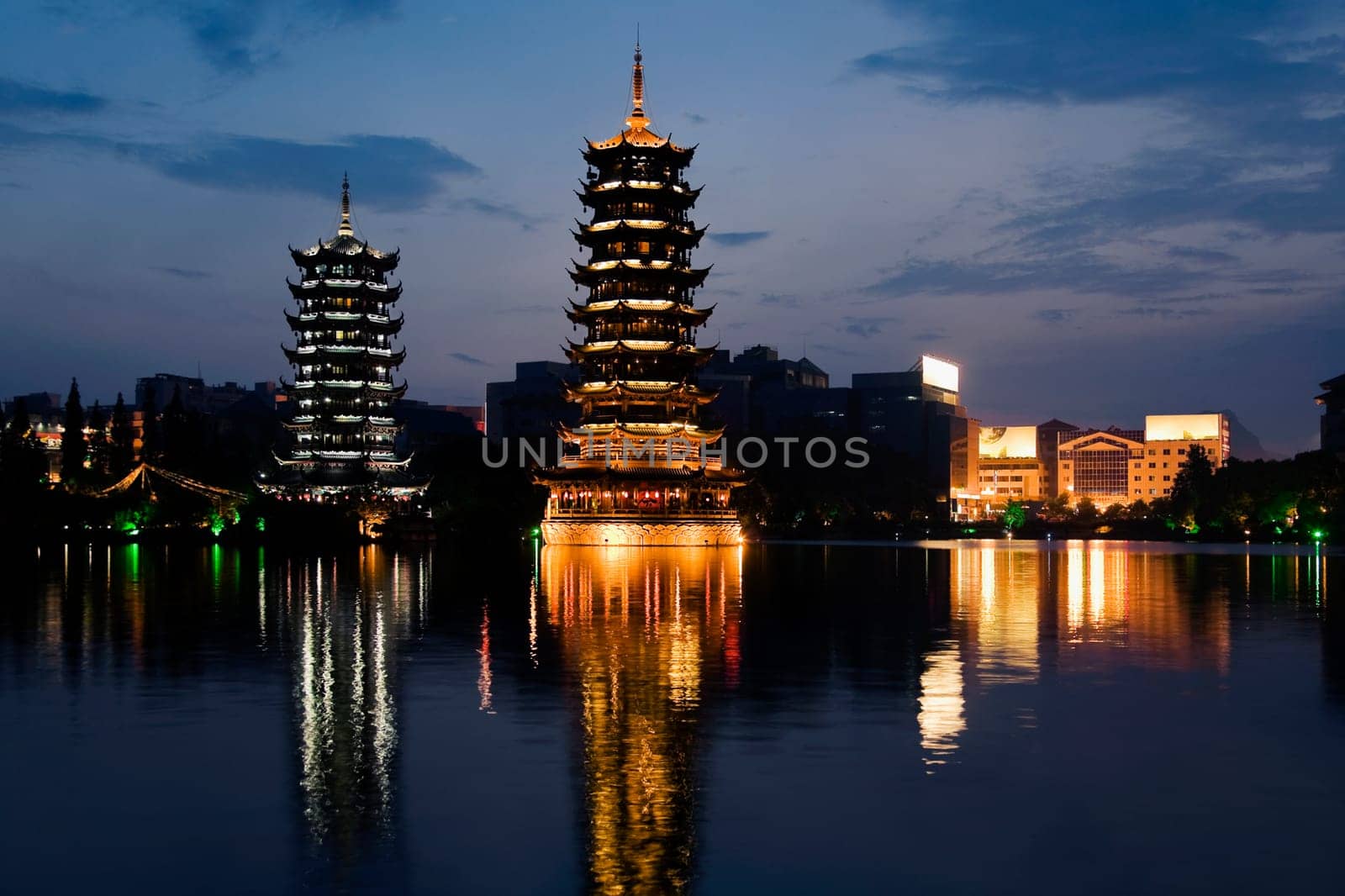 Sun and Moon Pagoda, Banyan Lake, Guilin, Guangxi Province, China