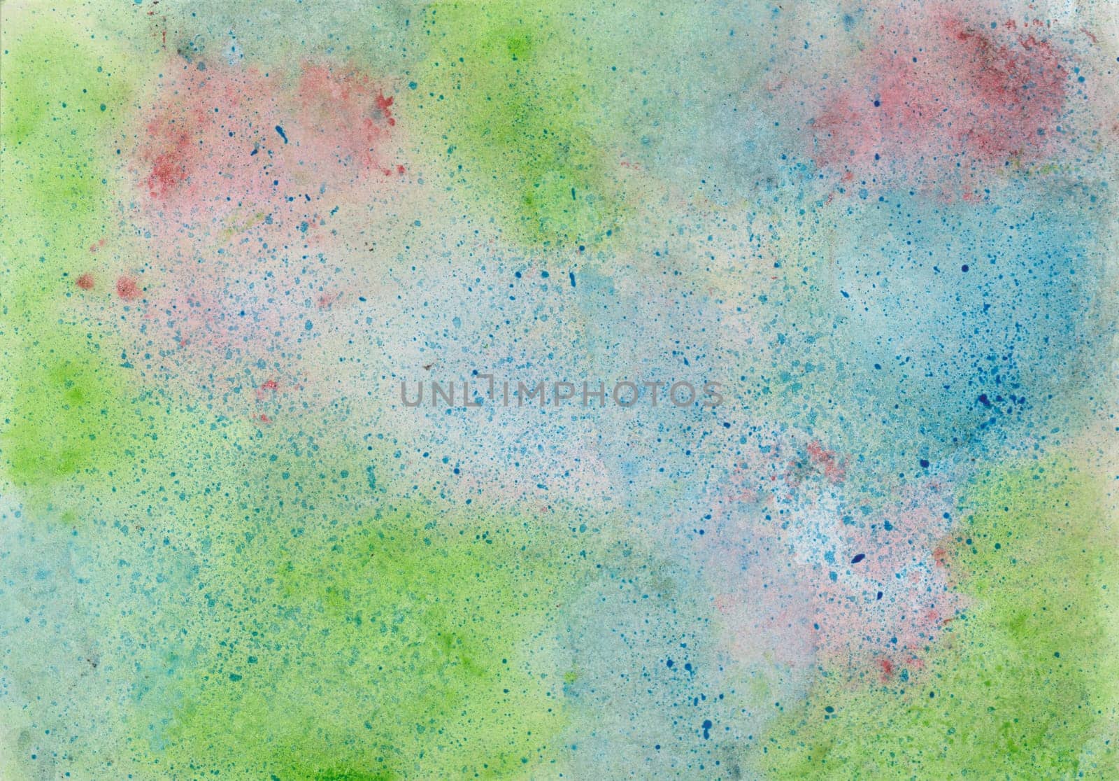 Watercolor painting with color blots in blue, red and green and and paint splashes in dark blue