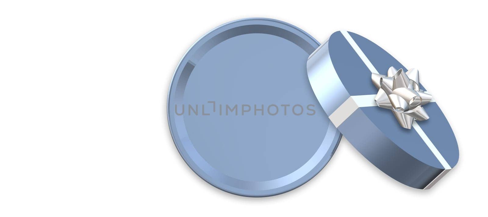 Open round gift box, bow on white background. Blue box top view, place for text, mock up. Valentines, love design, sale, surprise, gift, birthday, wedding, Valentines love template 3D render