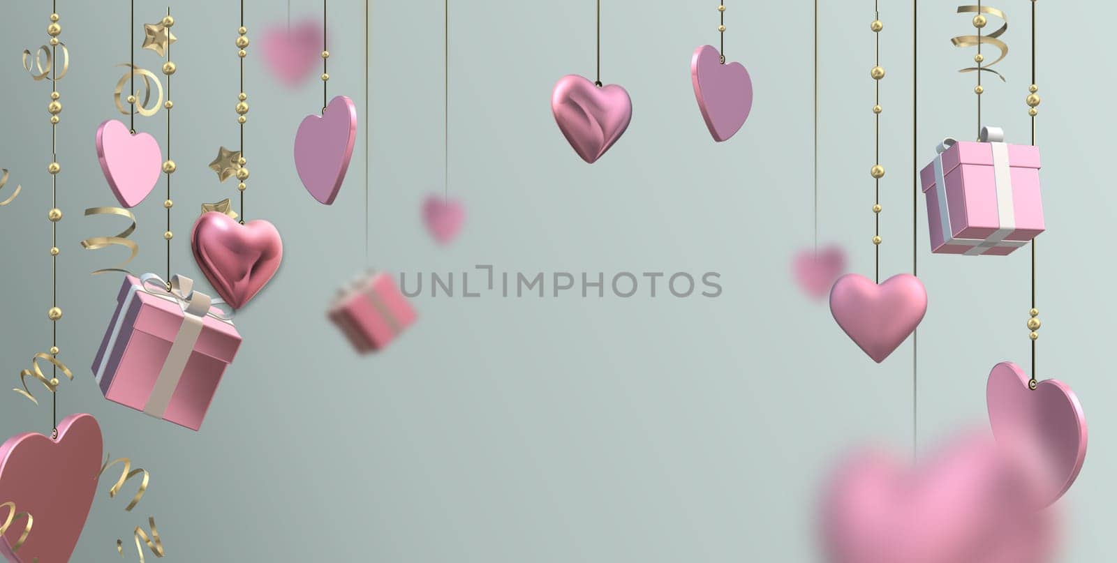 Pink hanging hearts, 3D gift boxes, confetti on pastel green background. Valentines, Love, party invitation, mothers day, 8th March, wedding, greeting card. 3D illustration