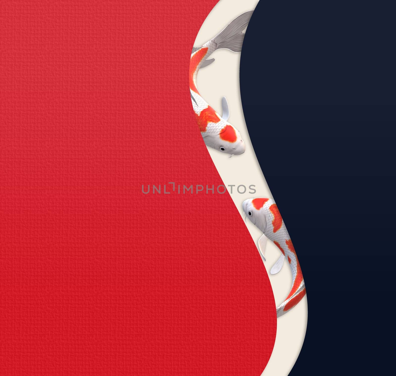 Koi carp fish, abstract minimalist design, oriental style. Chinese style background with koi carp fishes on red blue curves background. 3D illustration