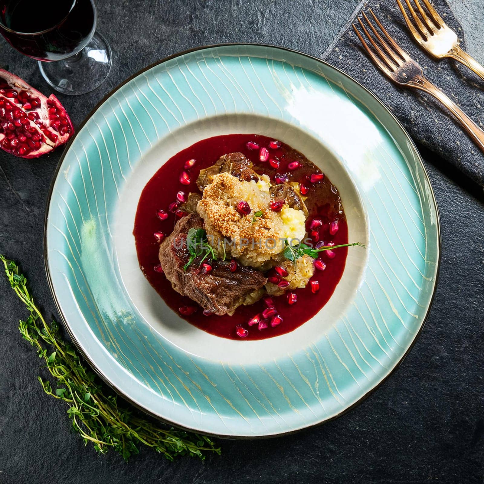 Ris de veau laque features tender sweetbreads beautifully glazed with pomegranate molasses and accompanied by delicate salsify and mustard seeds.