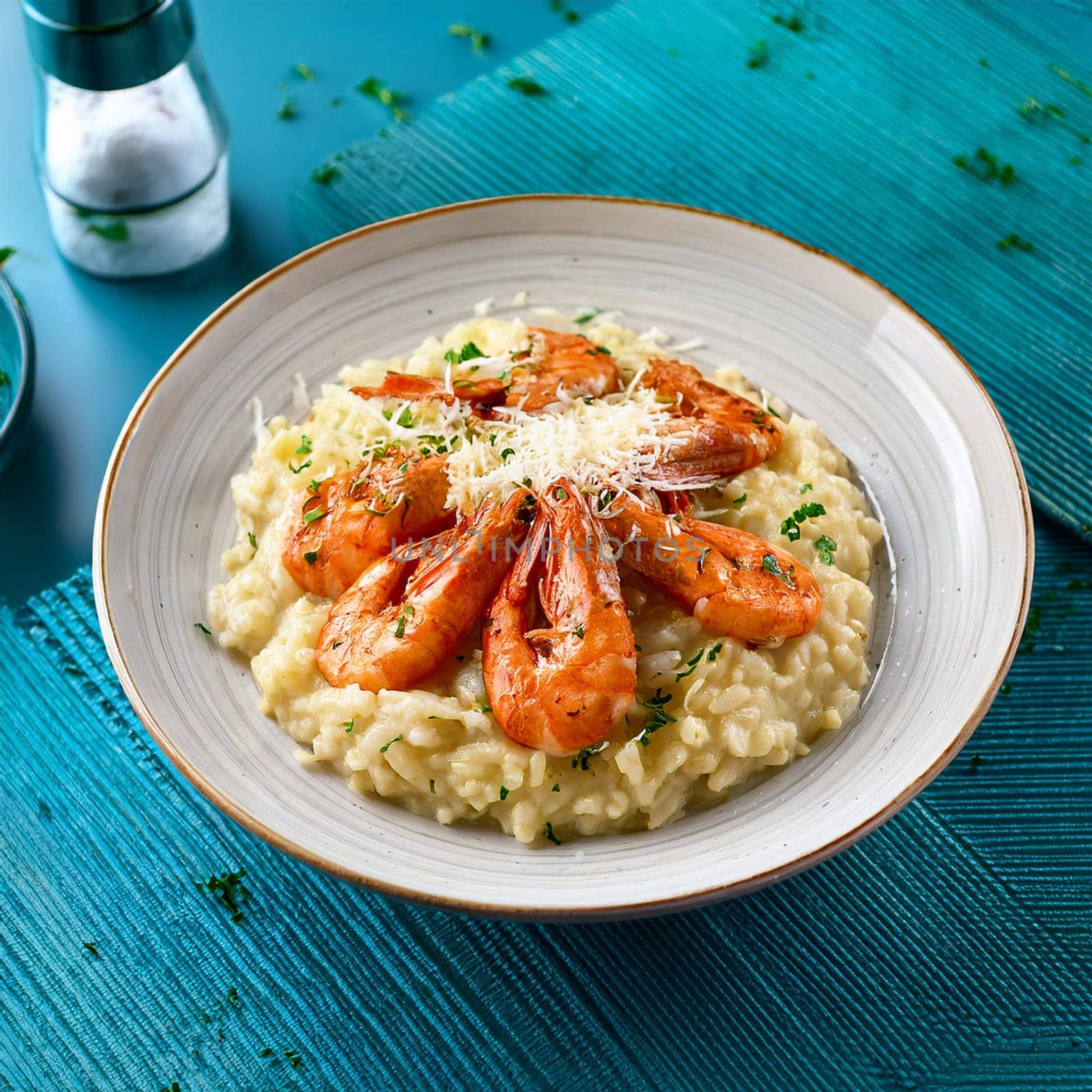 Risotto aux gambas features creamy Arborio rice topped with grilled prawns and garnished with colorful accents for an indulgent experience.