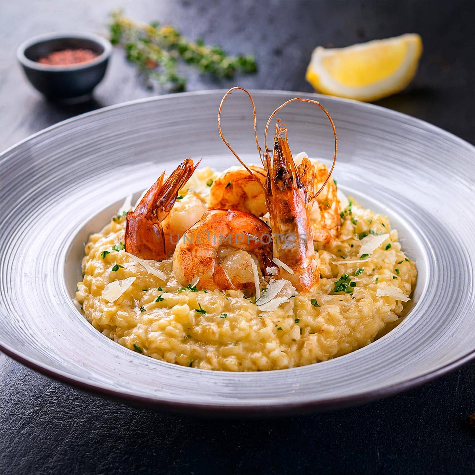 Risotto aux gambas features creamy Arborio rice topped with grilled prawns and garnished with colorful accents for an indulgent experience.