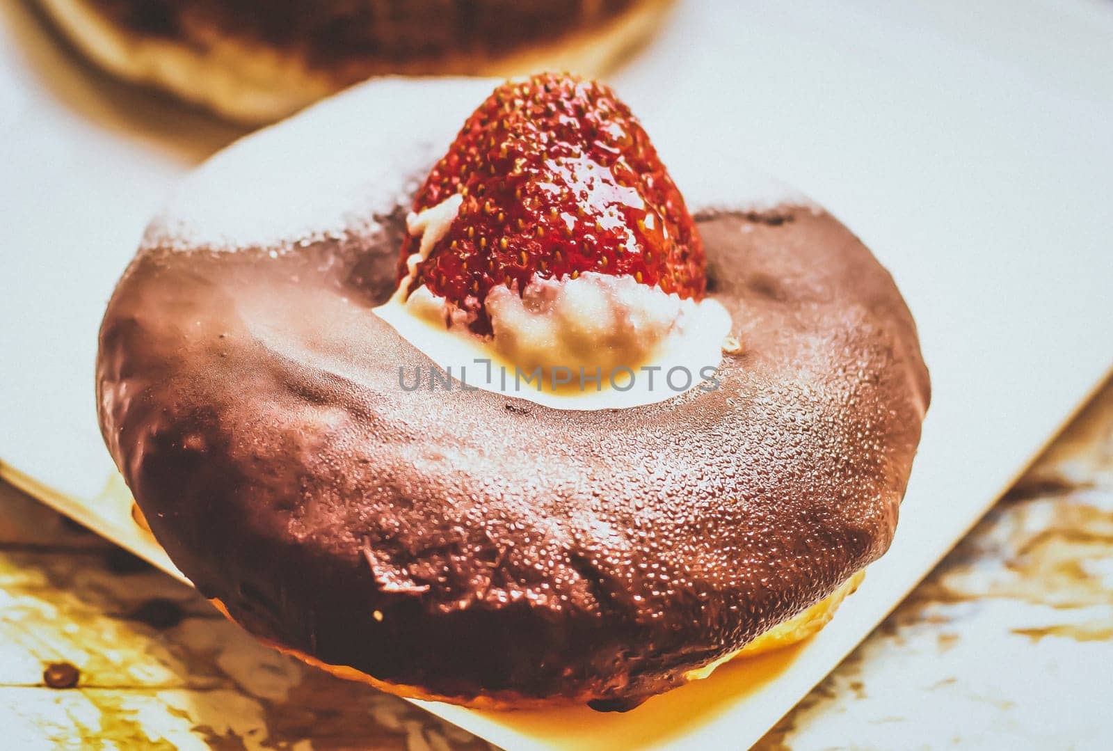 Christmas homemade desserts on table in decorated New Year background