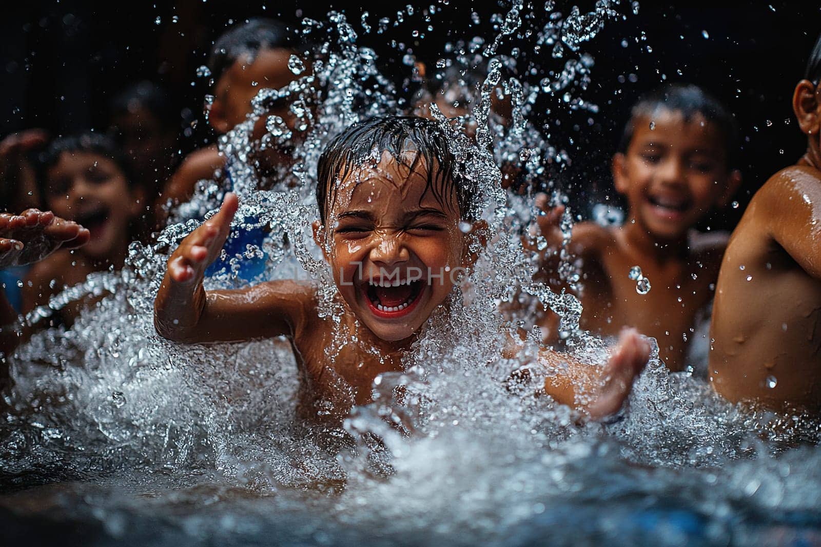 Happy Latin American children bathe and splash each other with clean water. Children at Songkran festival. Songkran, Thai New Year