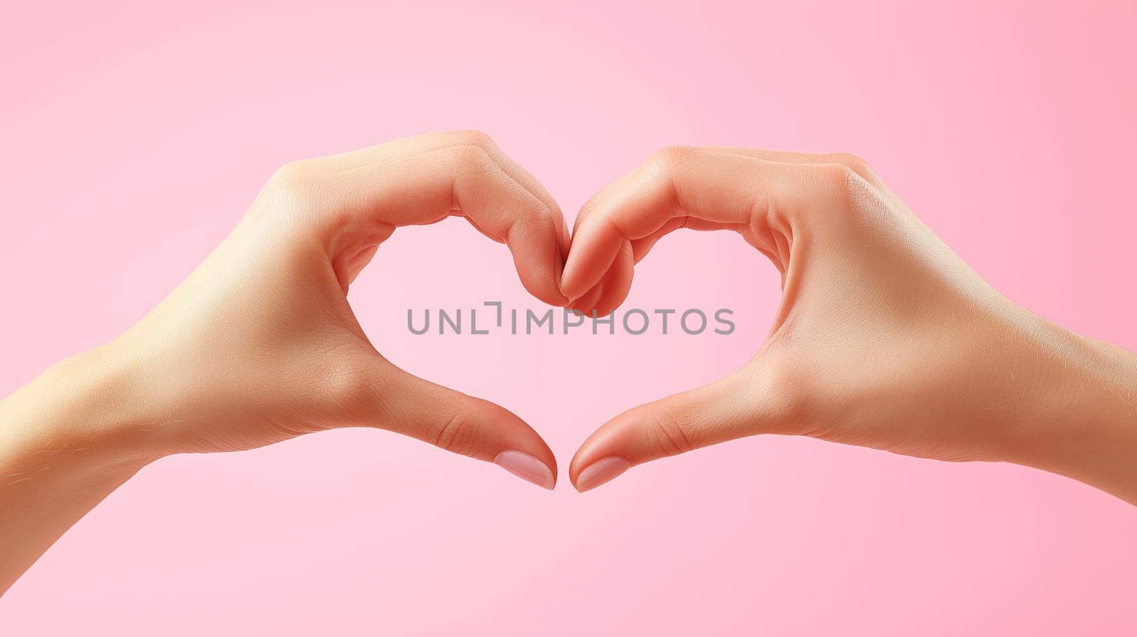 Woman making heart shape with her hands on pink background