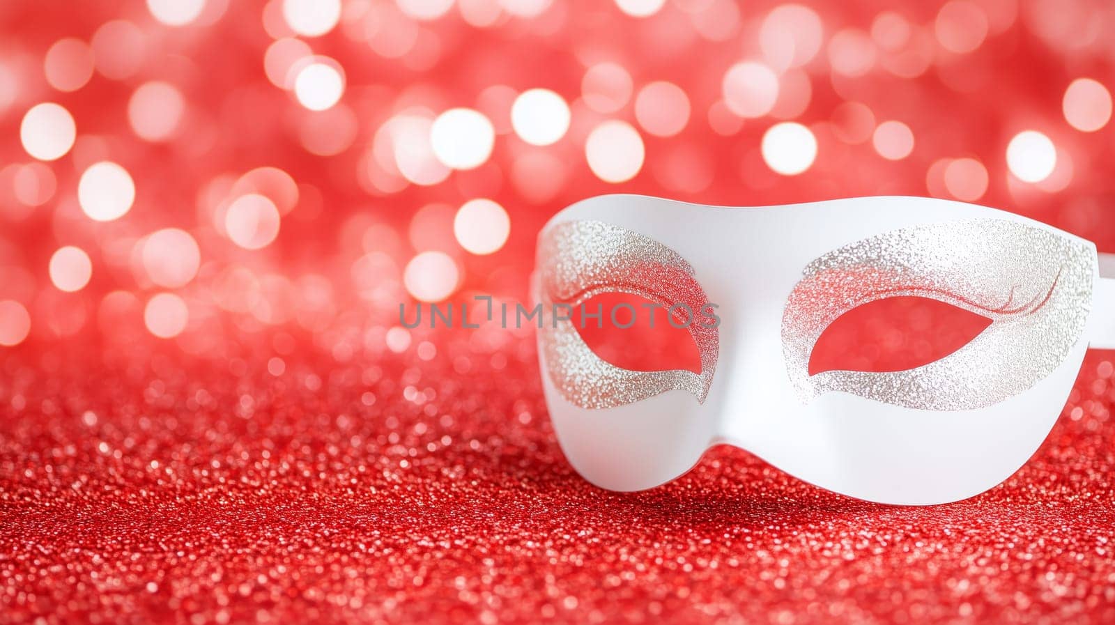 Elegant white and silver carnival mask rests on a sparkling red glitter background with soft bokeh lights, creating a festive atmosphere
