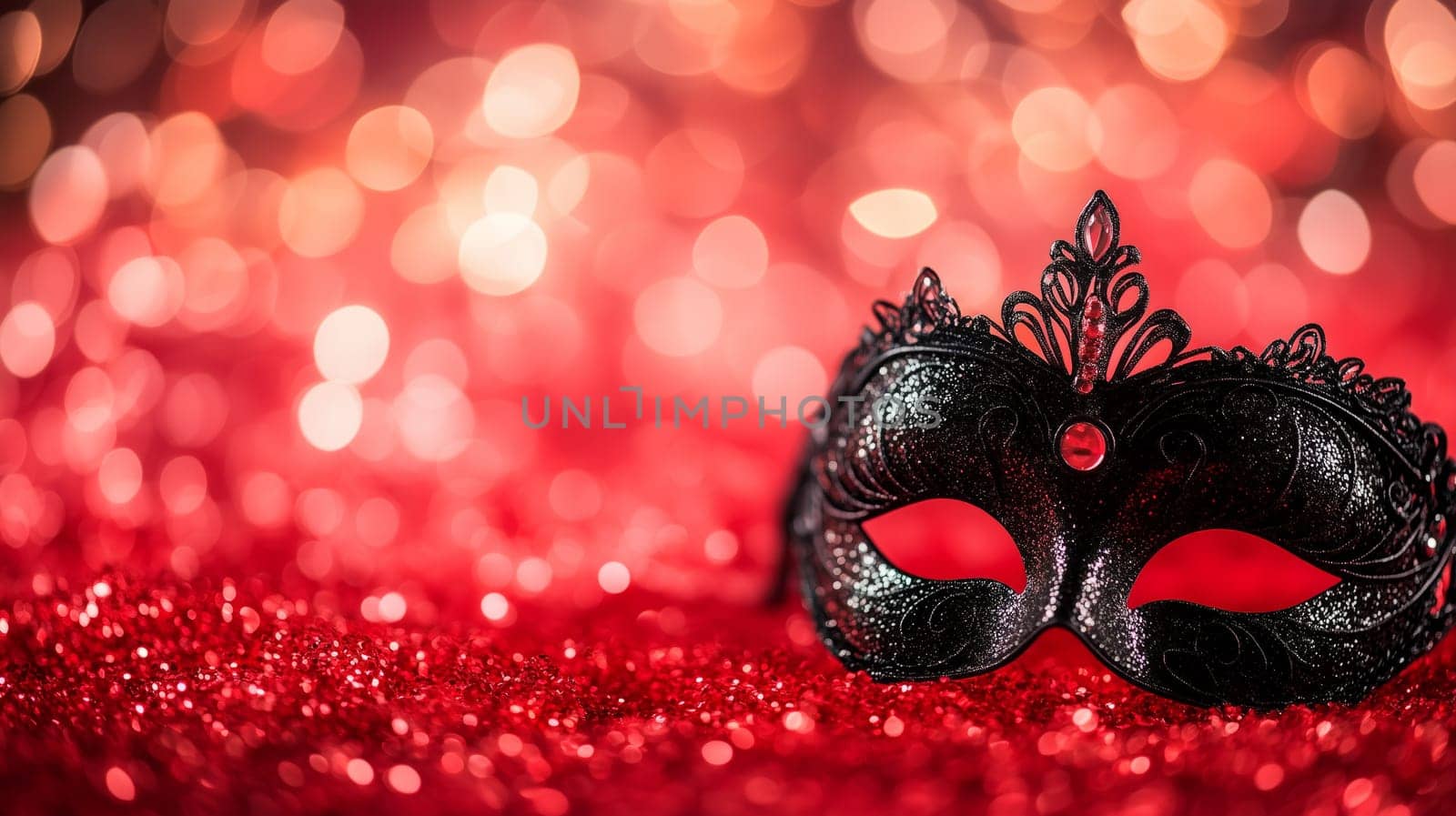 Elegant venetian mask resting on a red glitter background, illuminated by soft, romantic bokeh lights, creating a festive and mysterious atmosphere
