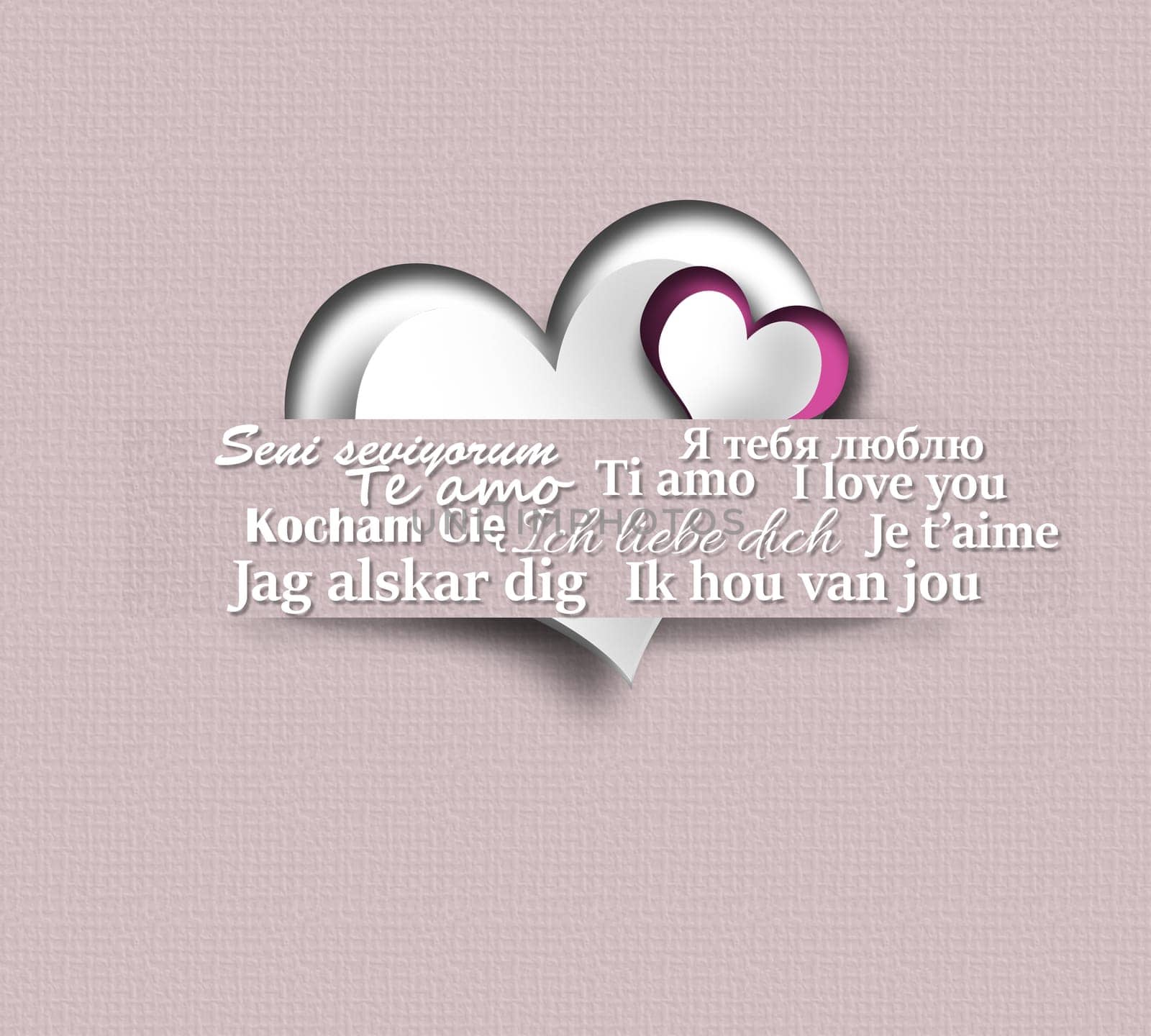 I love you on multiple languages, hearts in paper strip on pastel pink background. Valentines, birthday design. 3D render