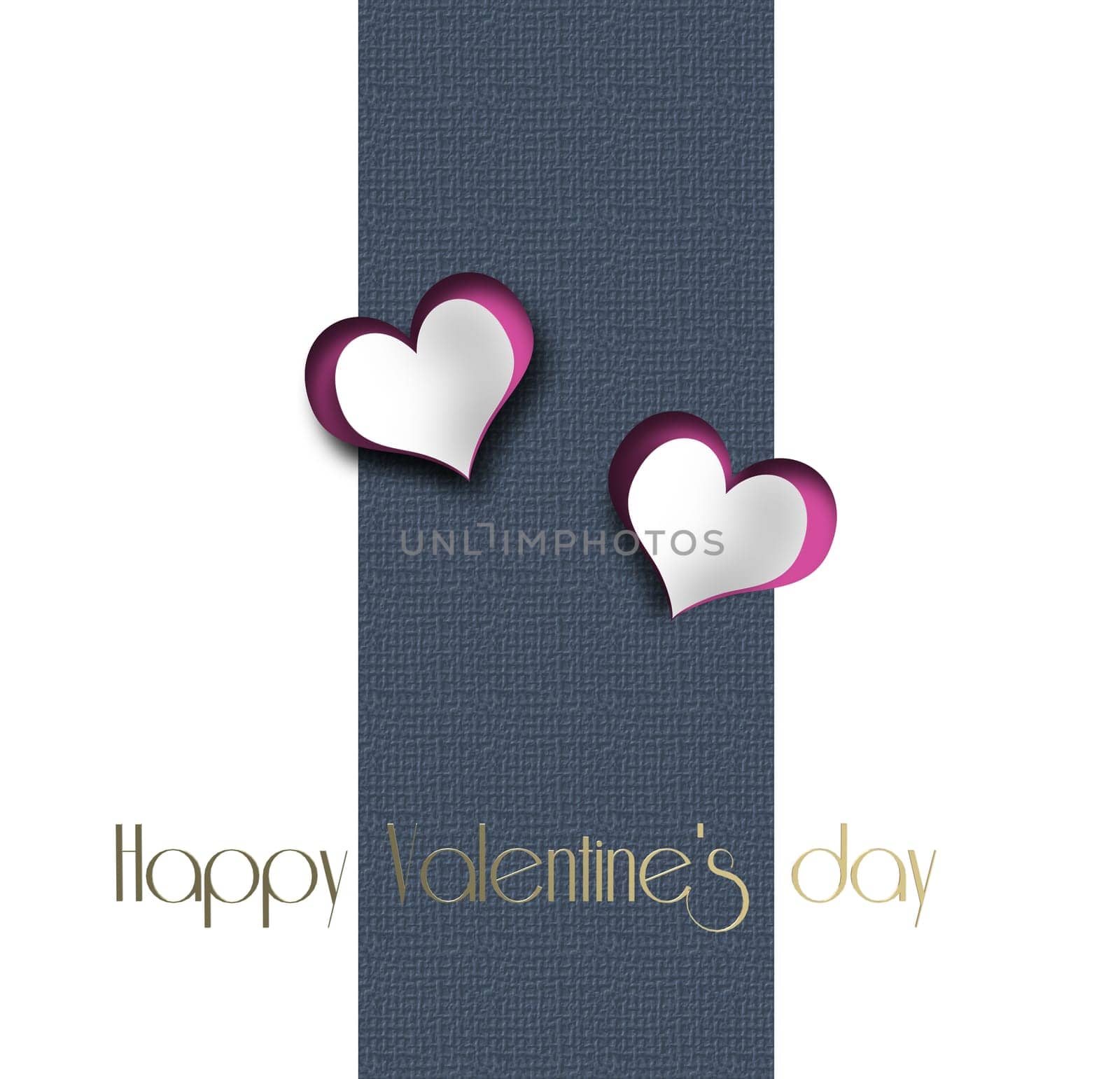 Love card, two hearts on white. Gold text Happy Valentines' day. Valentines day template, invitation anniversary. 3D render