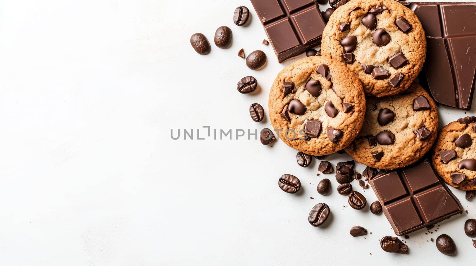 Chocolate chip cookies, coffee beans, and chocolate chunks arranged on a white background, creating a tempting corner design