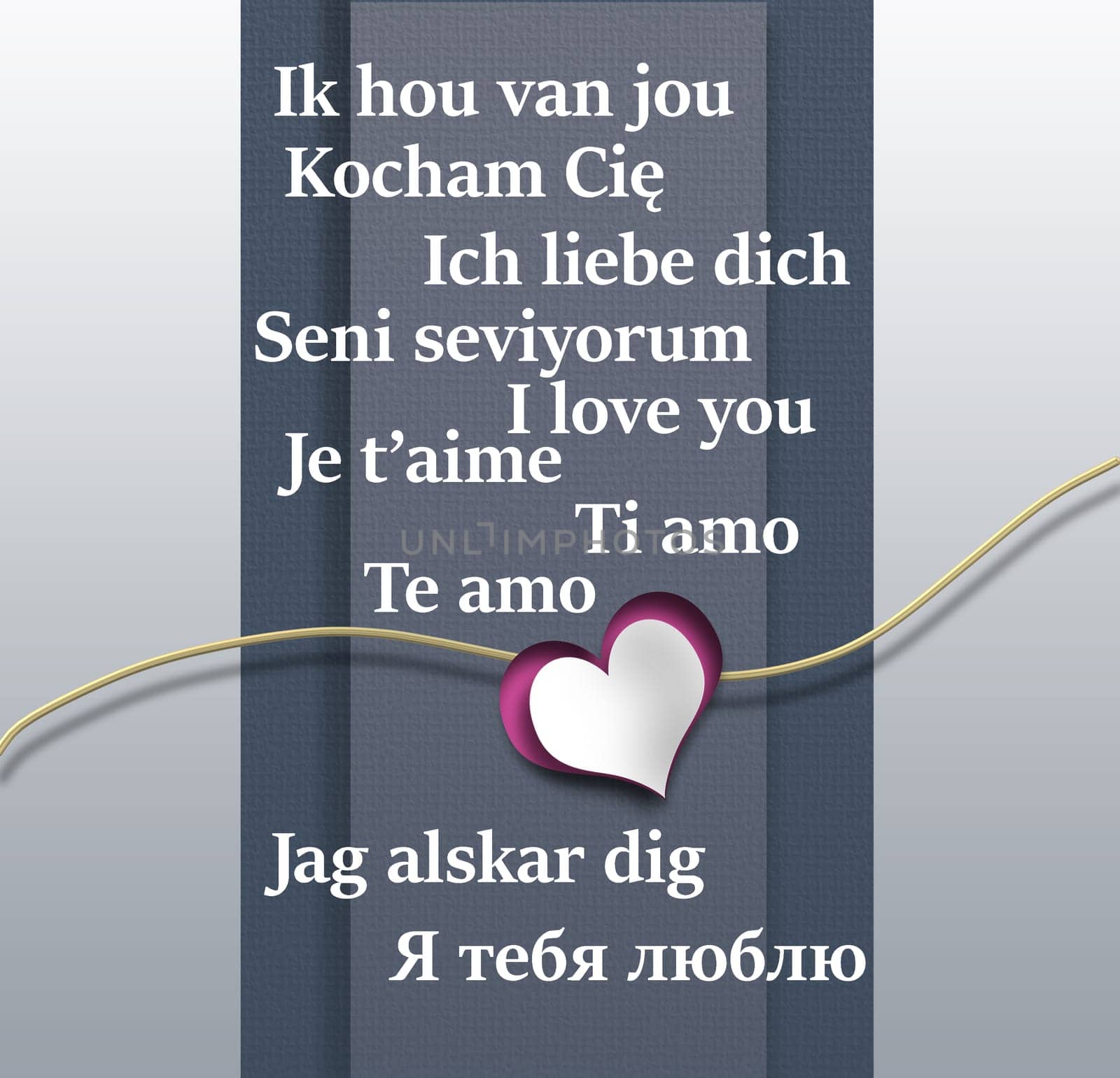 I love you text in different European languages. Paper heart and I love you text on grey pastel background. 3D illustration