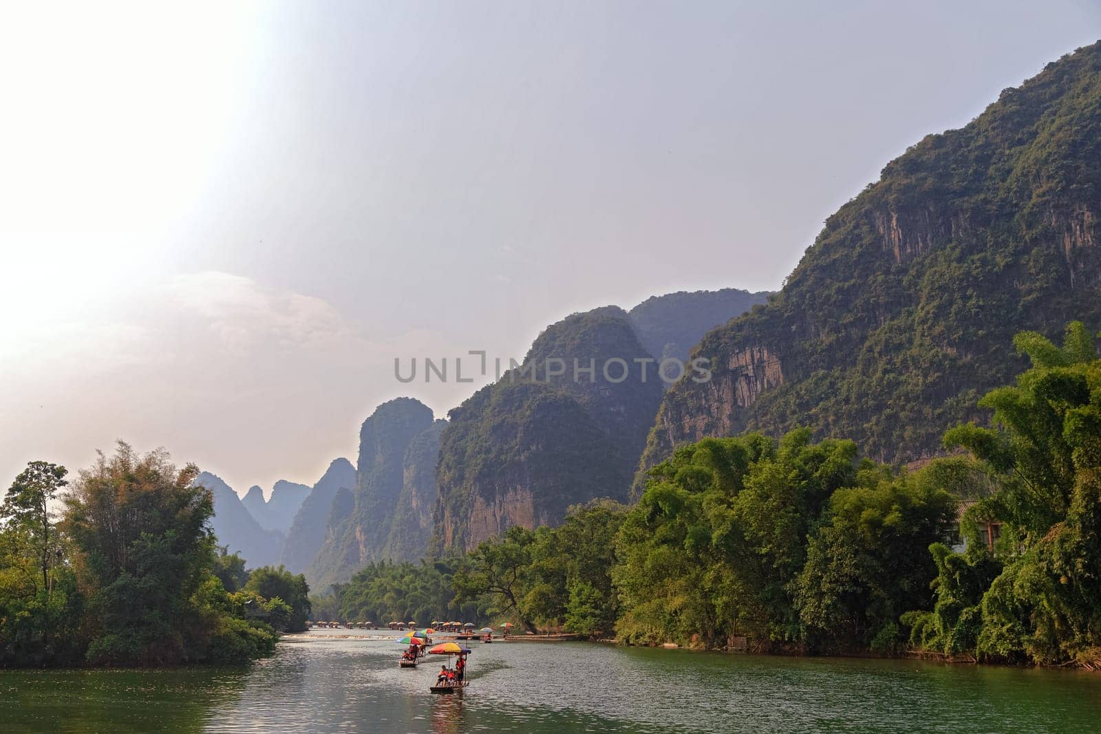 Picturesque mountain valleys of Yangshuo, Guilin, mountain river for rafting 23.08.2019
