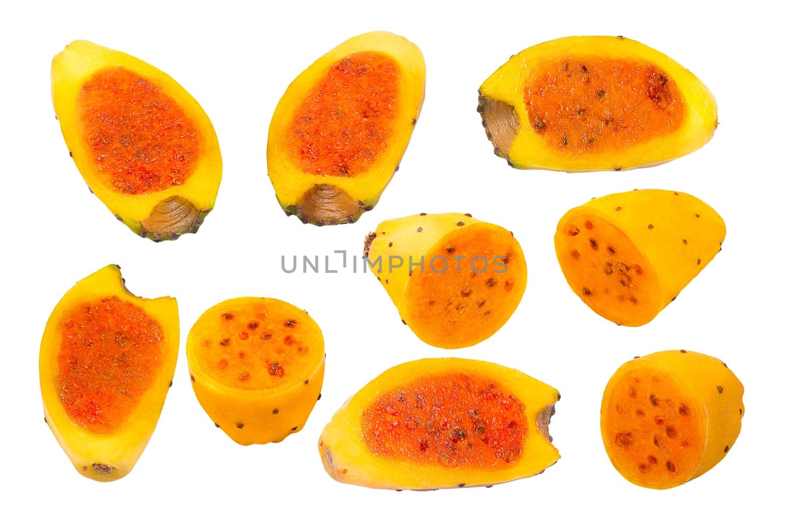 Collection of fruit. Different shapes of fresh cut prickly pears cactus isolated on white background with clipping path as package design element. Full depth of field. Healthy food concept.