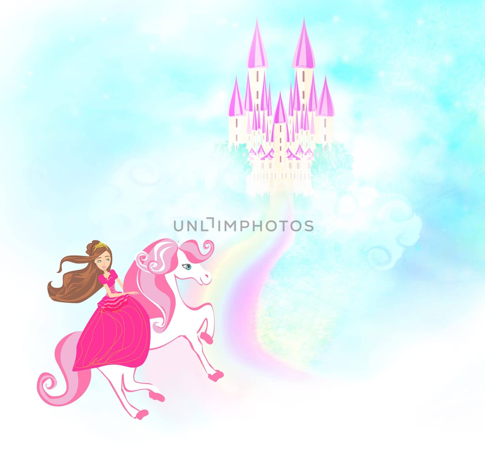 Lovely princess on a unicorn flying on a rainbow