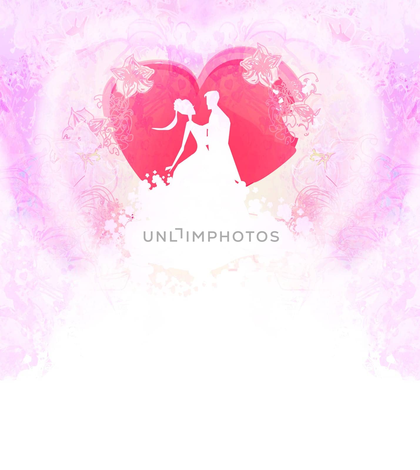 Floral greeting card with silhouette of romantic couple
