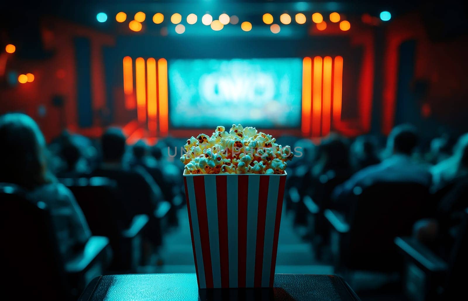 A classic red and white striped popcorn bucket filled with fluffy popcorn, sitting on a red velvet seat in a movie theater..