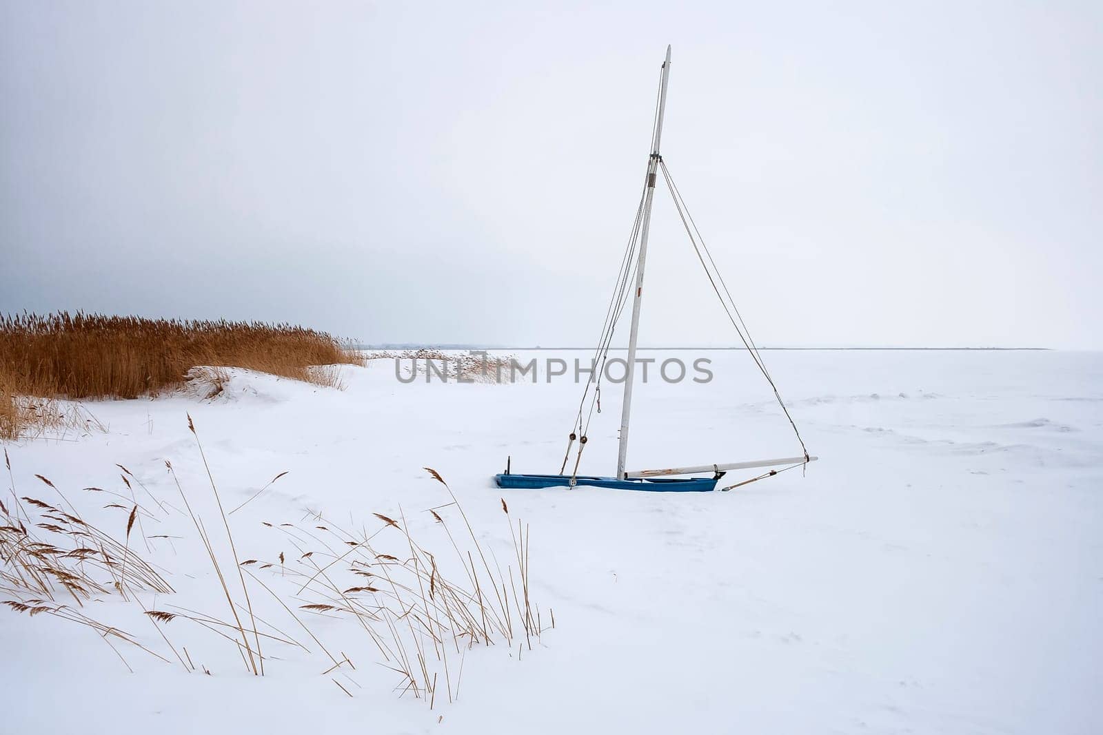 Frozen and snowed-in sailing boat on the Saaler Bodden, Fischland-Darß