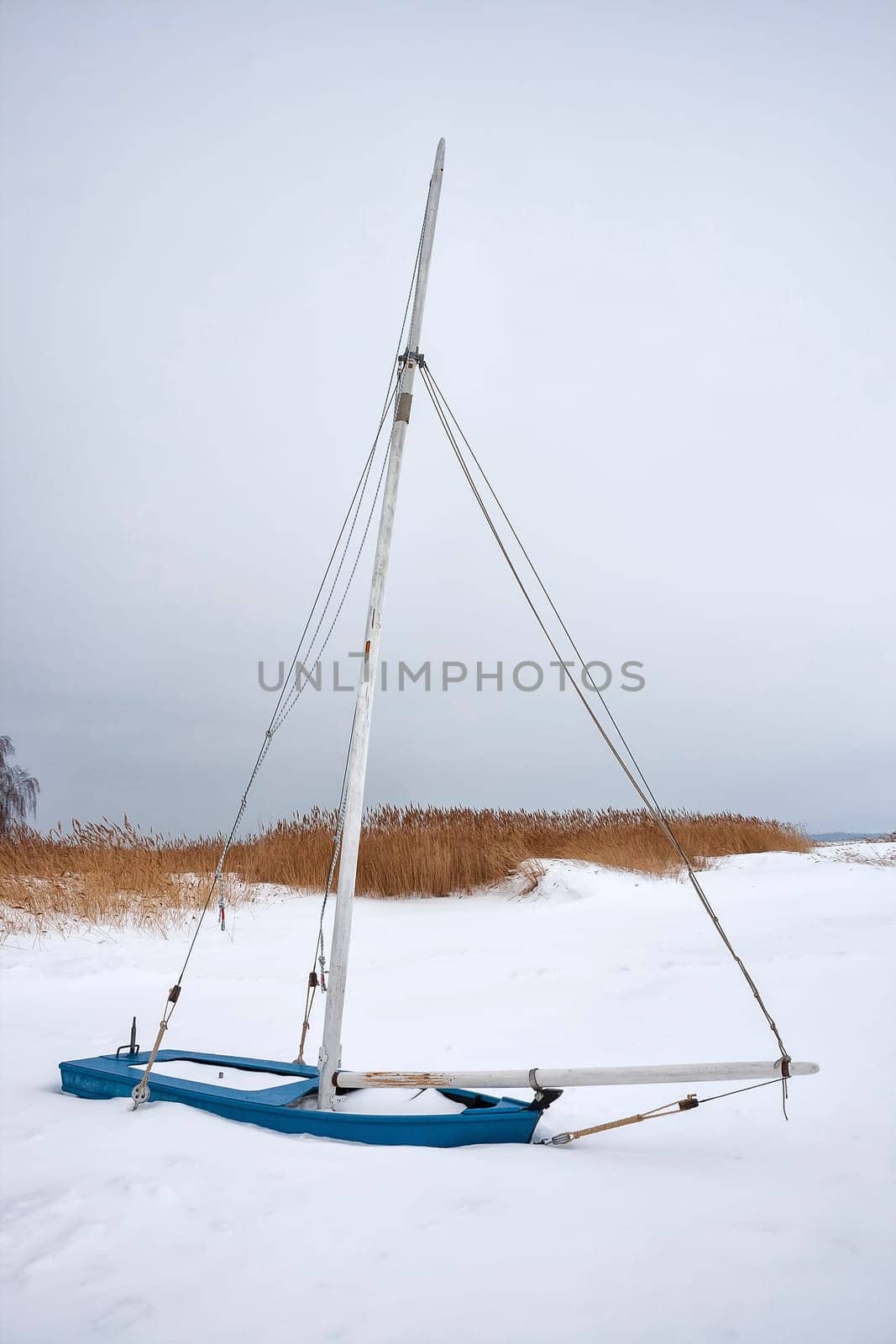 Frozen and snowed-in sailing boat on the Saaler Bodden, Fischland-Darß