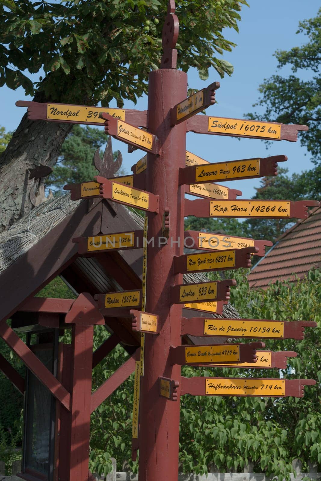 PREROW, GERMANY - July 31, 2018:.Signpost, Ostseebad Prerow, Mecklenburg-West Pomerania, Germany