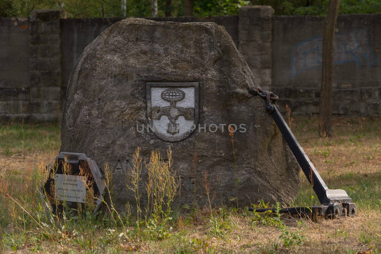 ROSSLAU, GERMANY - AUGUST 05, 2018:.Memorial Kaserne Roßlau. Memorial stone commemorating the sponsorship of the city of Roßlau to 1 Spez / Bi Btl 174