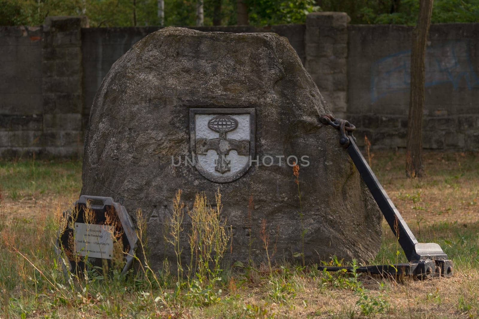 ROSSLAU, GERMANY - AUGUST 05, 2018:.Memorial Kaserne Roßlau. Memorial stone commemorating the sponsorship of the city of Roßlau to 1 Spez / Bi Btl 174