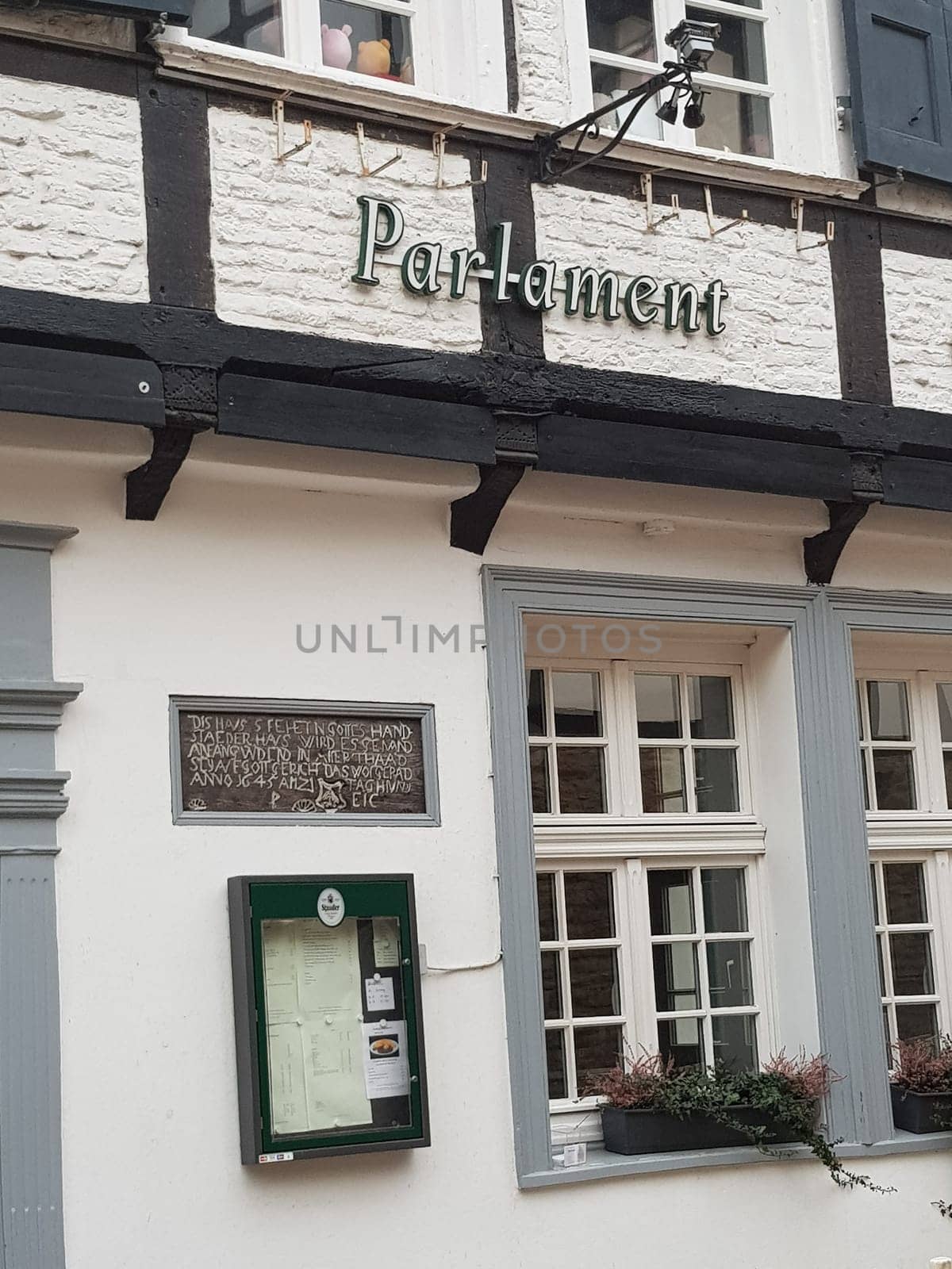 KETTWIG, NRW, GERMANY - FEBRUARY 19, 2019:.Historic and medieval buildings around the Lutherkirche Lutherplatz in Essen Kettwig. Half-timbered houses, some with slate facades.