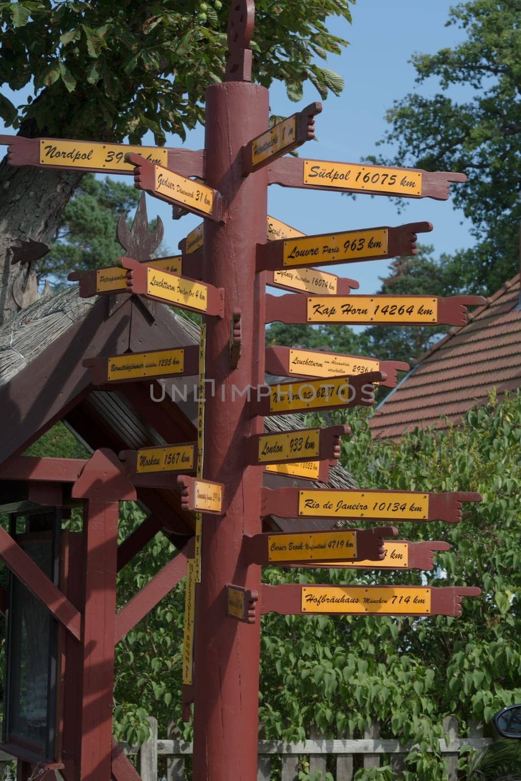 PREROW, GERMANY - July 31, 2018:.Signpost, Ostseebad Prerow, Mecklenburg-West Pomerania, Germany