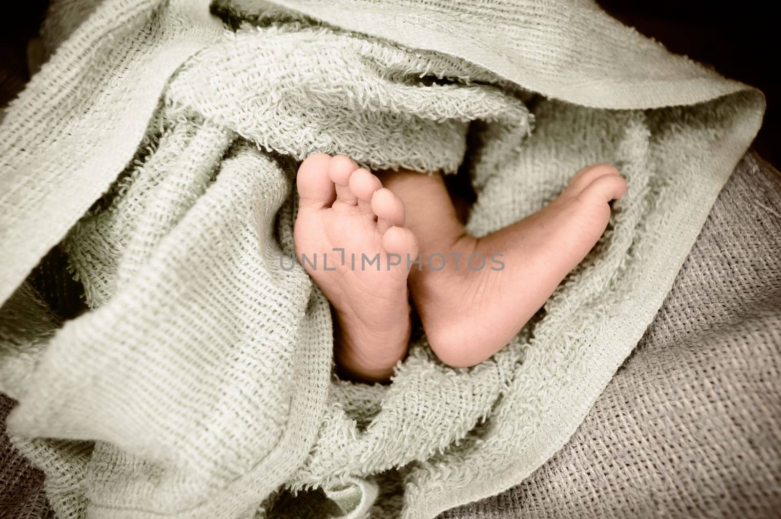 Newborn baby feet close up. The legs of a new born infant kid on a soft baby fur blanket. Cute love cozy background. Vintage color image. Copy space.
