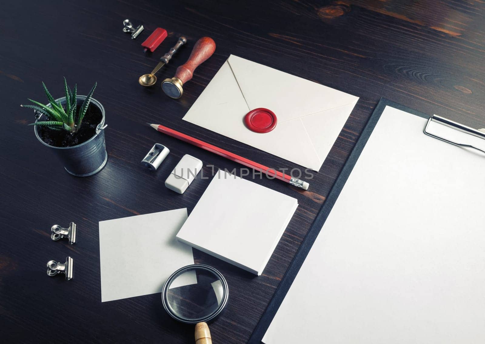 Branding mock up. Photo of blank corporate identity. Stationery set on wood table background.