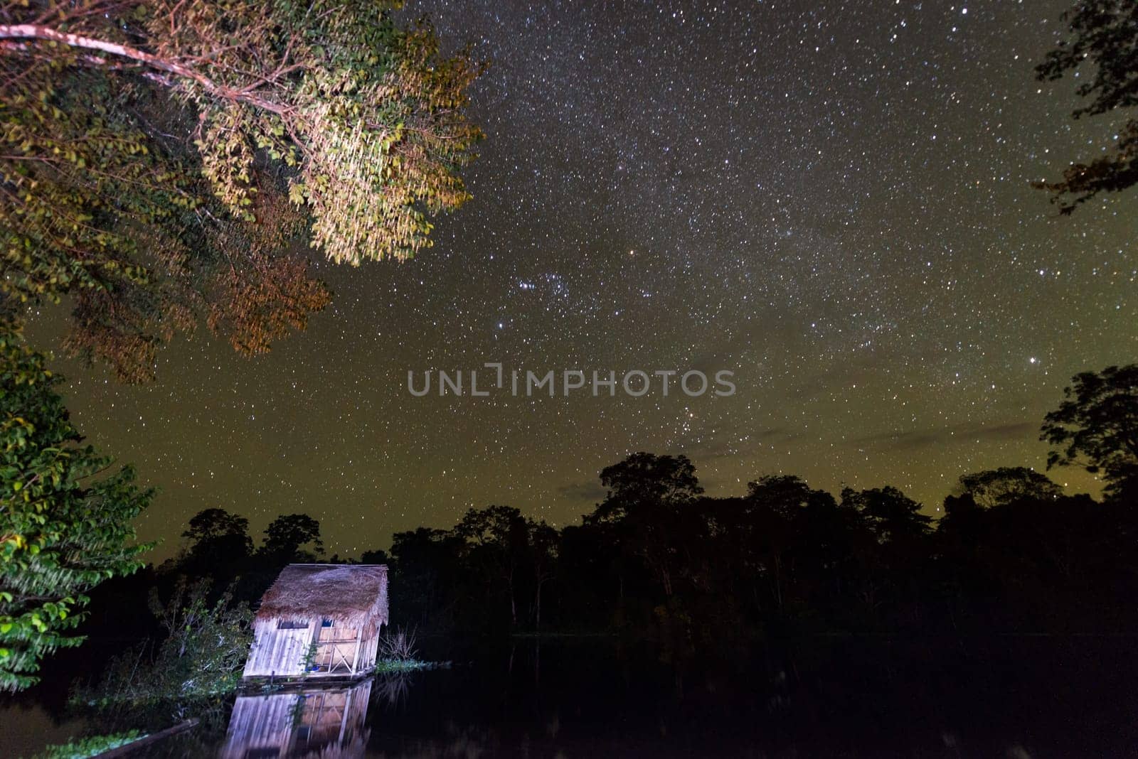 Stars over the Amazon Rainforest with a small shack in the foreground near Iquitos, Peru