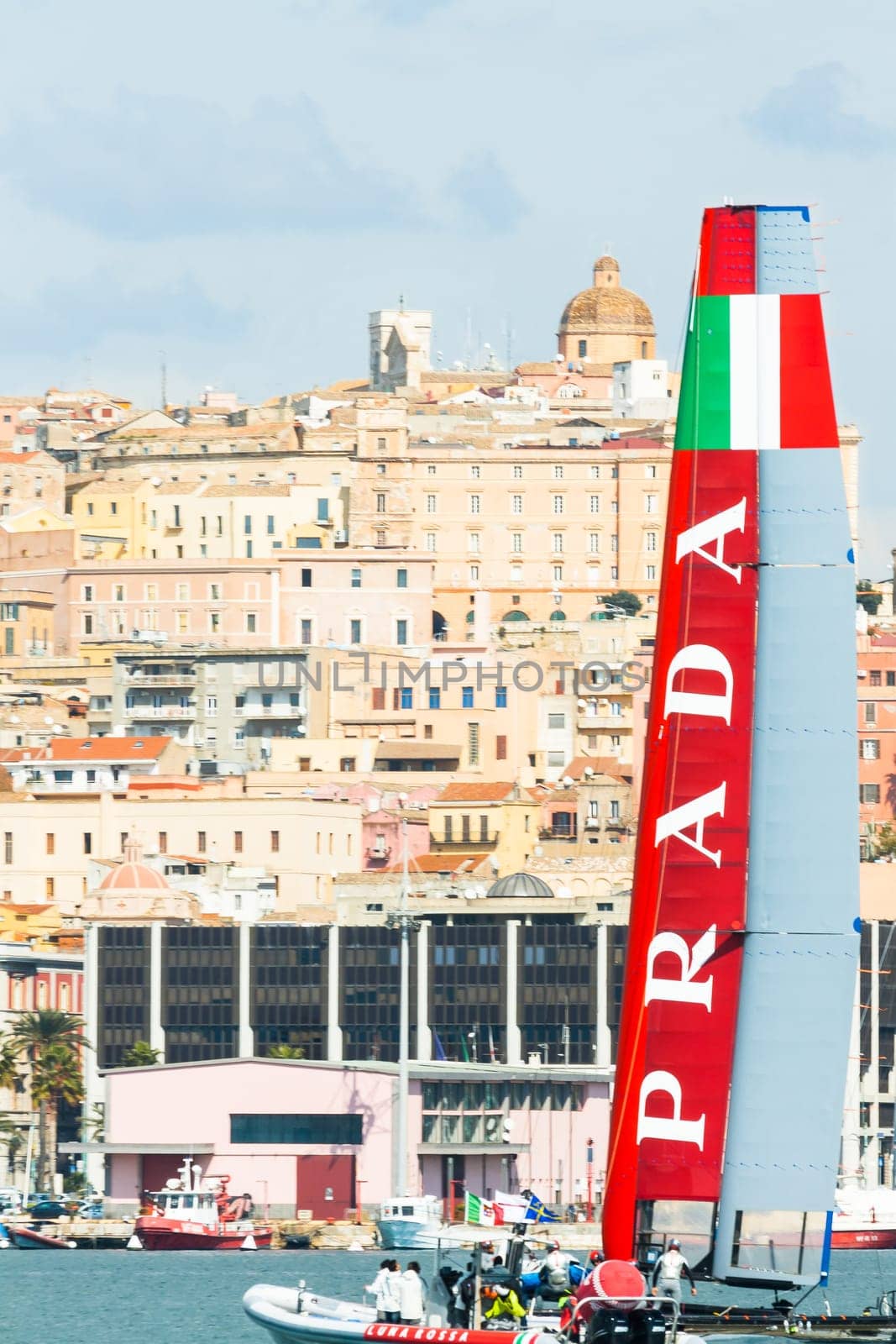 Cagliari, Italy, March 8 2015: "Luna Rossa Prada"" team is training for American 's Cup in the Gulf of Cagliari"