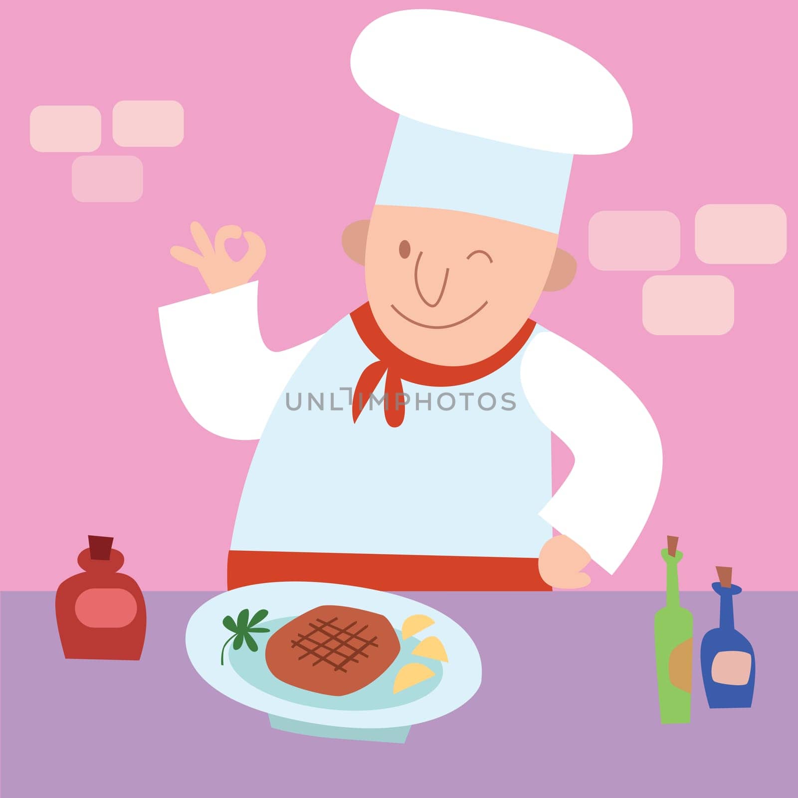 Cook gesture okay the finished dish a restaurant kitchen. Meat on the table chop. The chef is happy