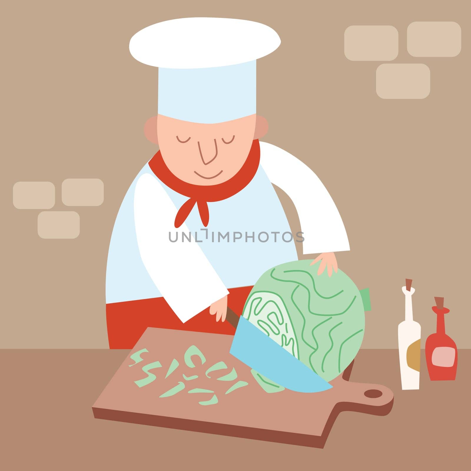Cook shreds cabbage restaurant kitchen. Cooking salad, vegetarian