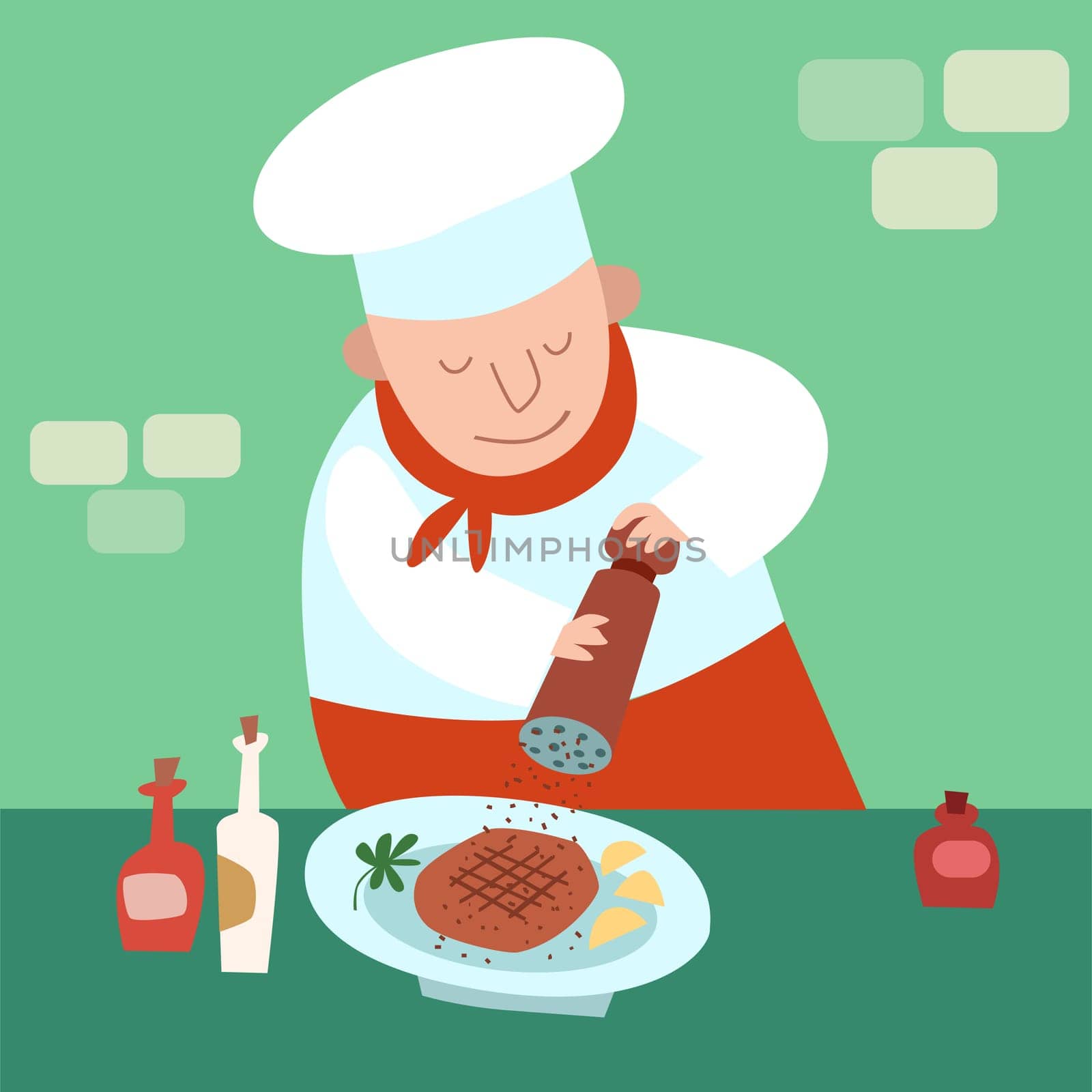 The chef adds pepper to the dish. Butchers chop on the plate. Chef of the restaurant in the kitchen