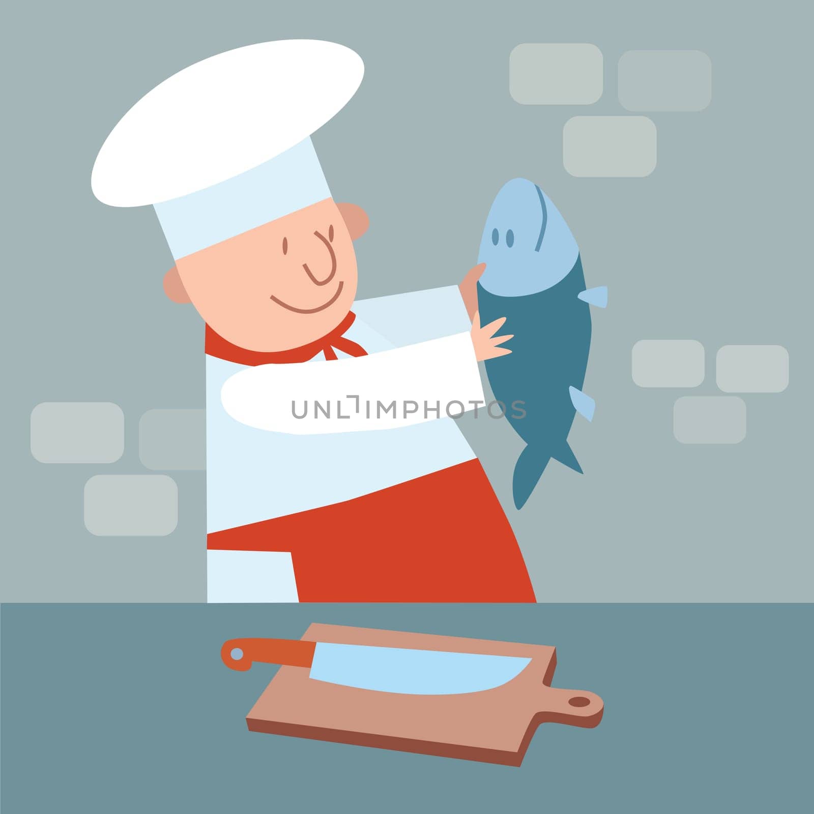 Cook cut up fresh fish. The chef in the kitchen. Food meat
