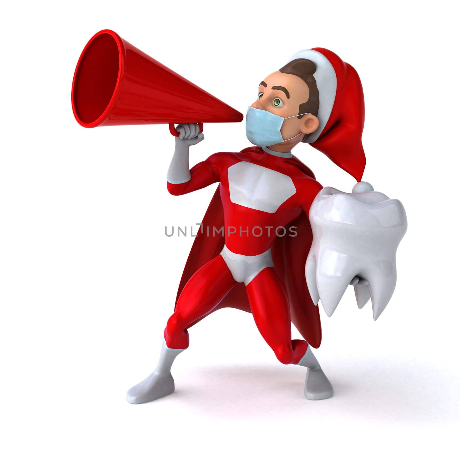Fun 3D illustration of a cartoon Santa Claus with a mask