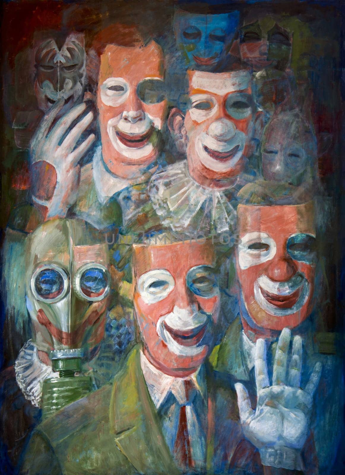 People with smiling masks on their faces, dressed in suits and clowns. Parable about the hypocrisy of some people and leaders