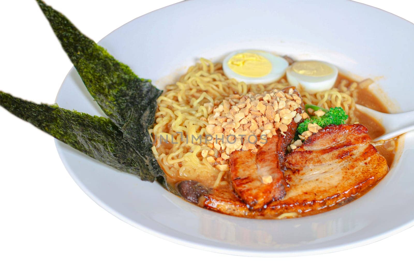 Hot Ramen bowl with Noodles, Egg, Nori, Pork, Cabbage, Carrot and Broth.