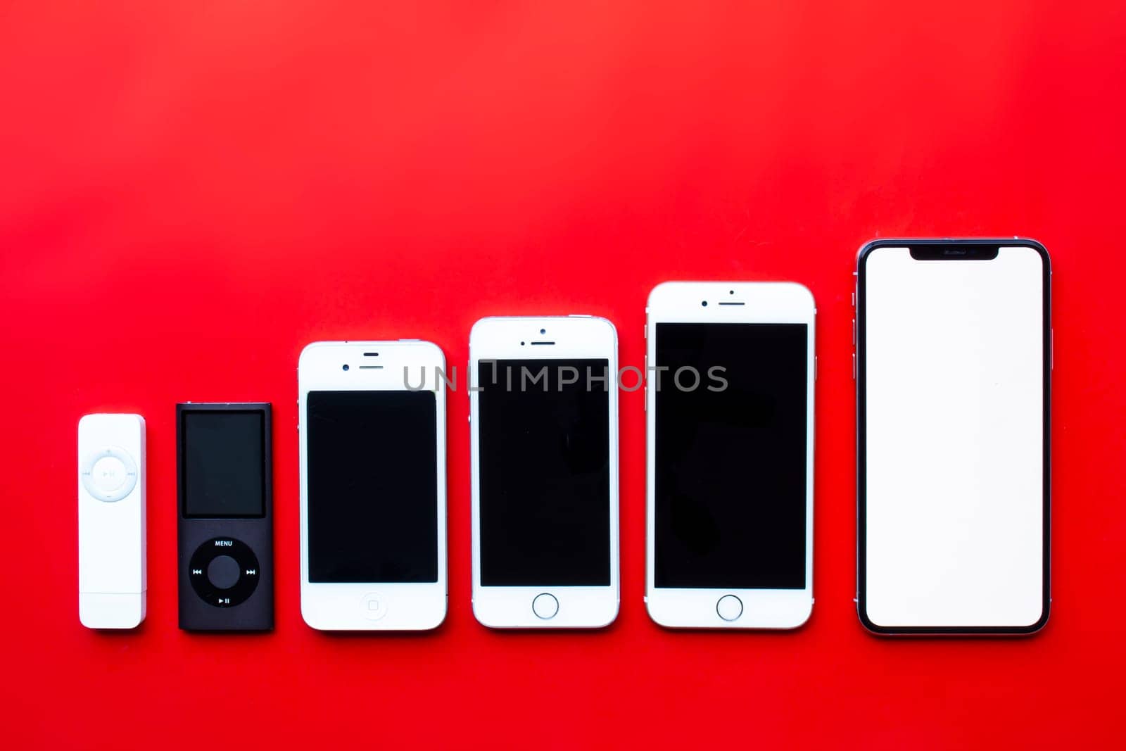 Calgary, Alberta, Canada. Feb 13, 2021. Several Apple portable music players iPods to iPhones