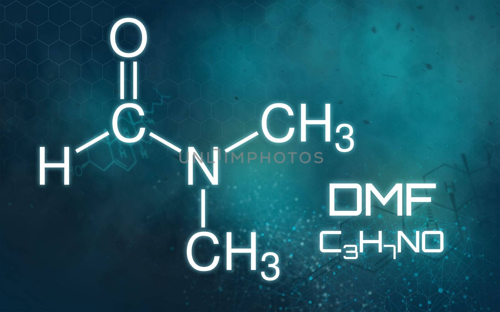 Chemical formula of Dimethylformamide on a futuristic background