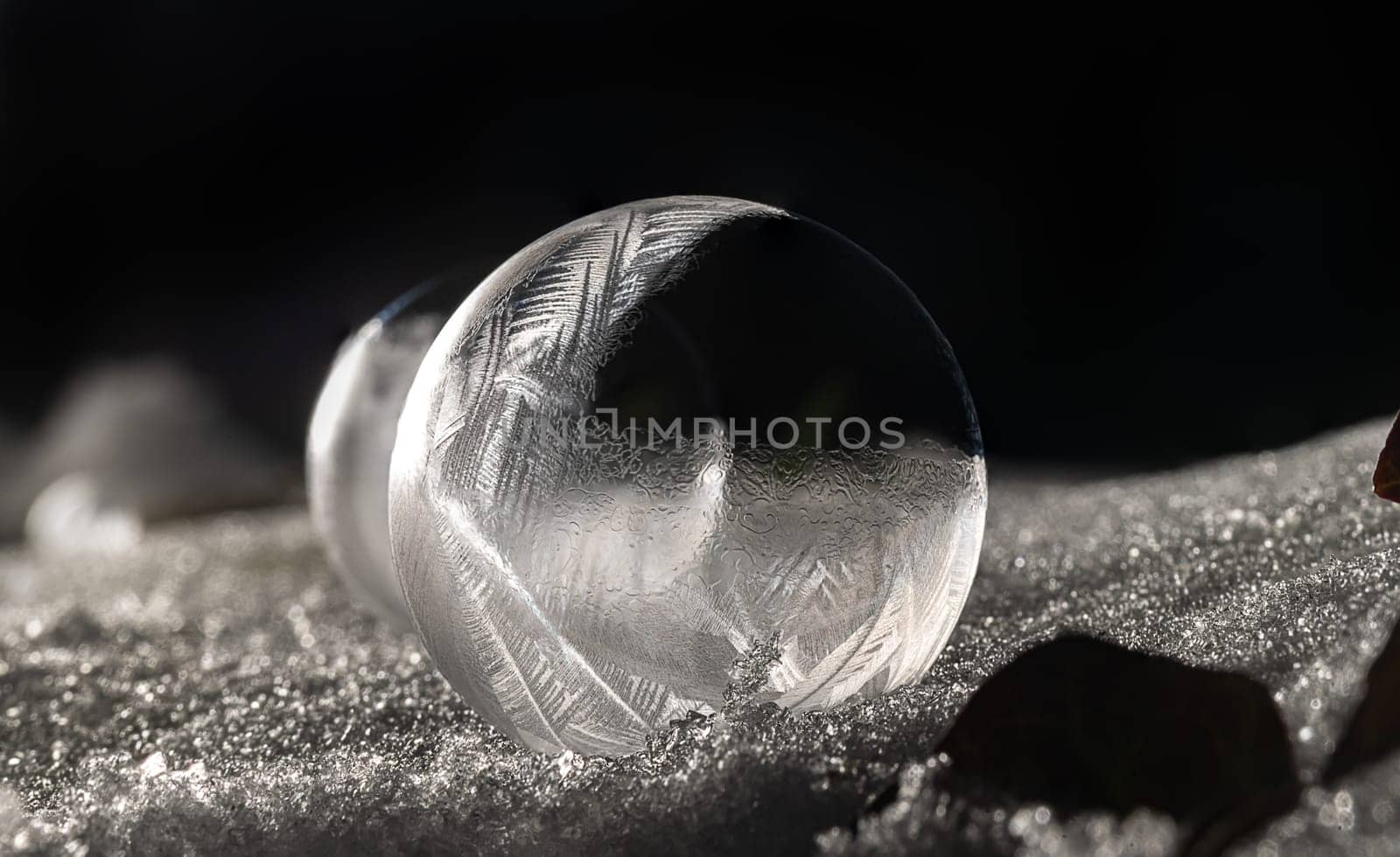 Detail shot of a frozen soap bubble on snow-covered ground against a black background at night