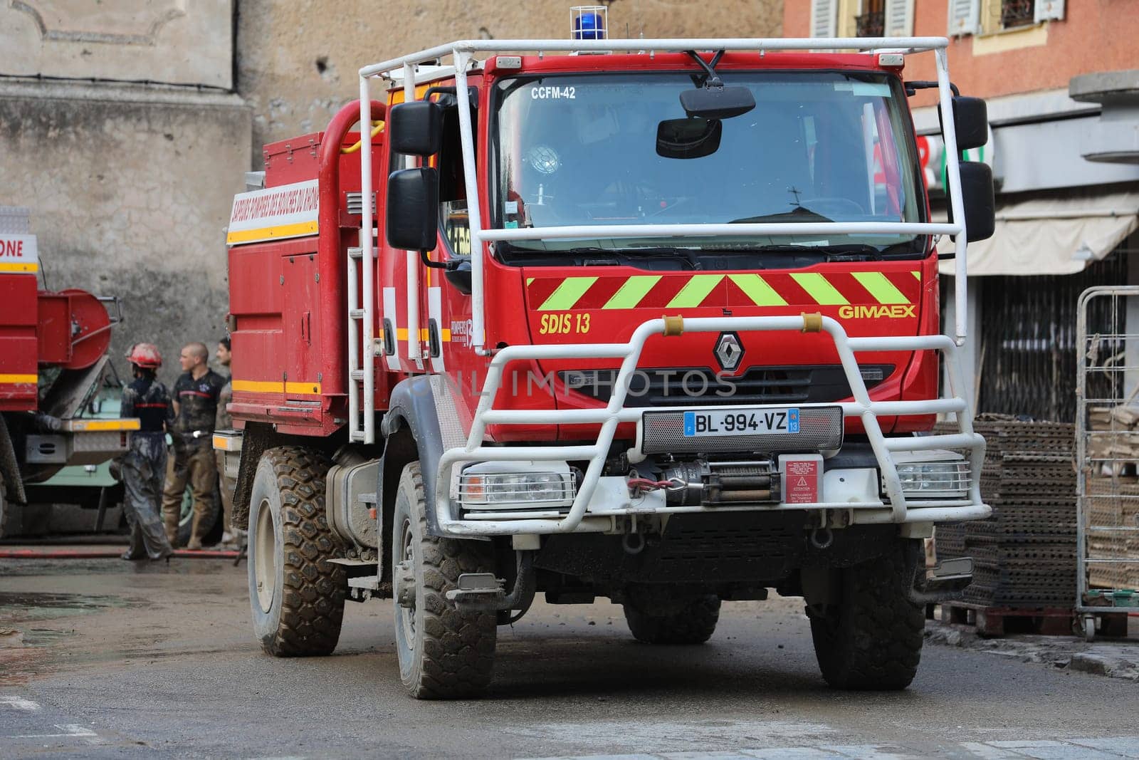 Breil-Sur-Roya, France - October 8, 2020: French Renault Gimaex Red Fire Truck (SDIS 13) In The City Of Breil-Sur-Roya, City Was Submerged By The Flooding Of The Roya River During Storm Alex, Europe