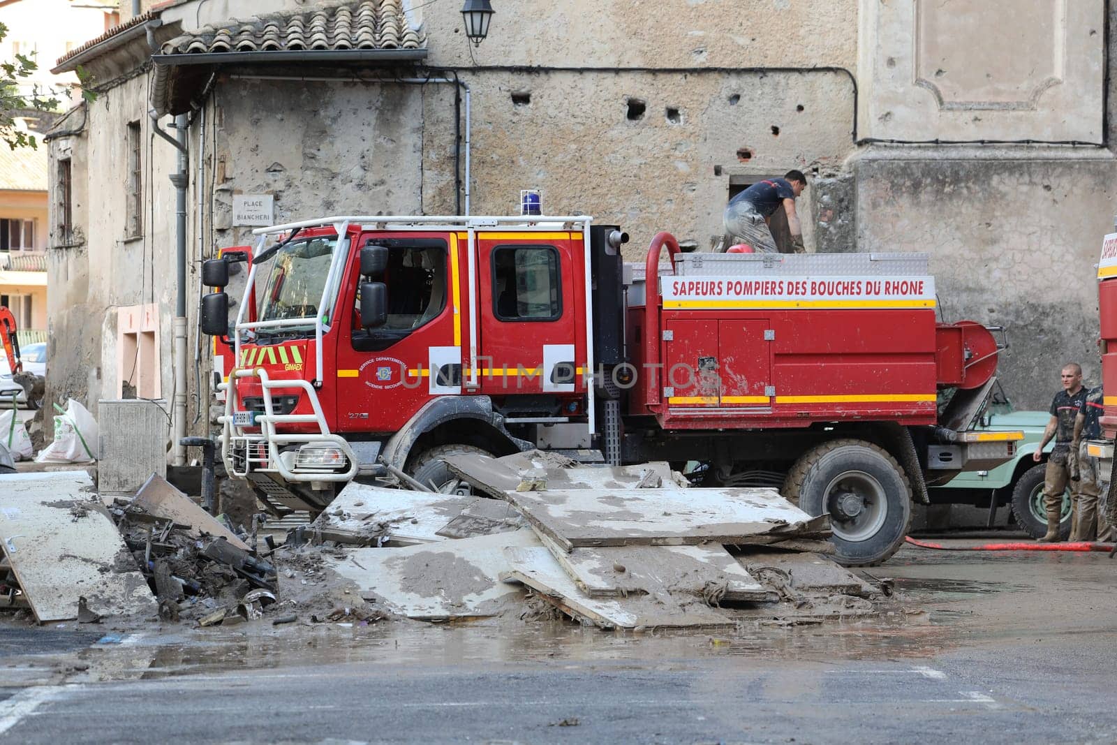 Breil-Sur-Roya, France - October 8, 2020: French Renault Red Fire Truck (Sapeurs Pompiers) In Breil-Sur-Roya, City Was Submerged By The Roya River Flooding, Storm Alex, Europe