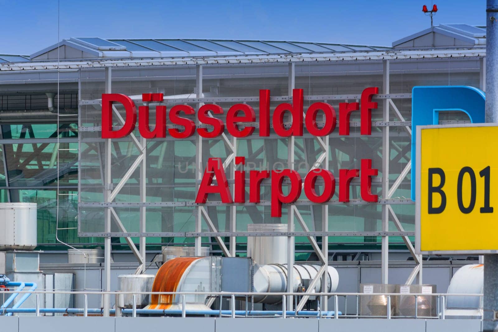 DUESSELDORF, NRW, GERMANY - JUNE 18, 2019:.Logo of Duesseldorf Airport on terminal