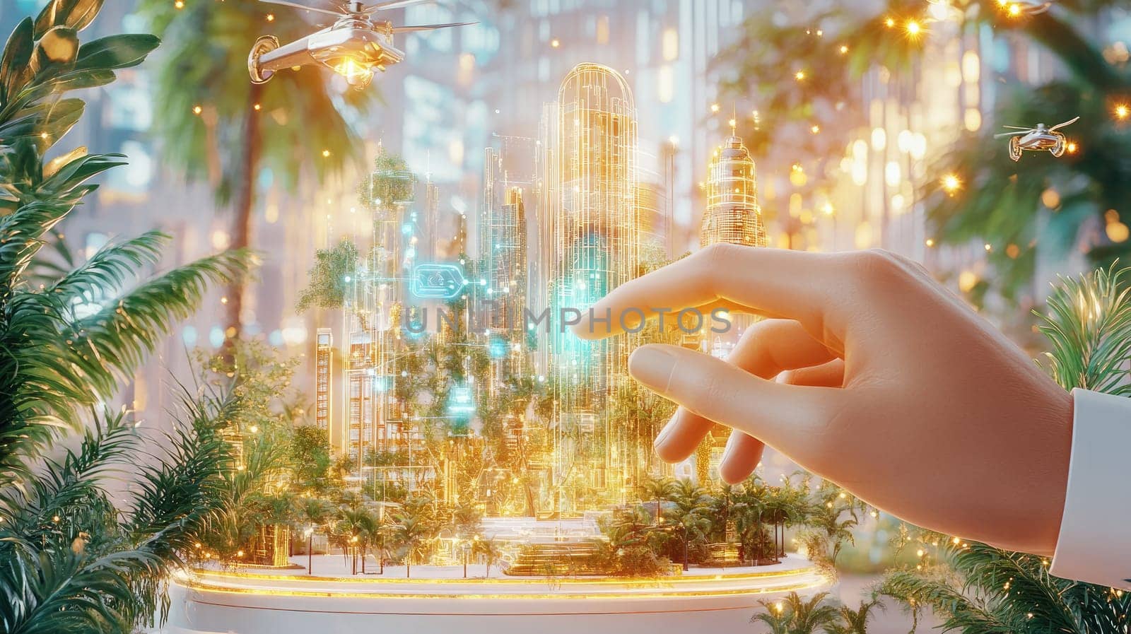 A hand extends towards a glowing miniature cityscape filled with skyscrapers and advanced technology, surrounded by lush plants and a vibrant atmosphere, blending nature with futuristic design.