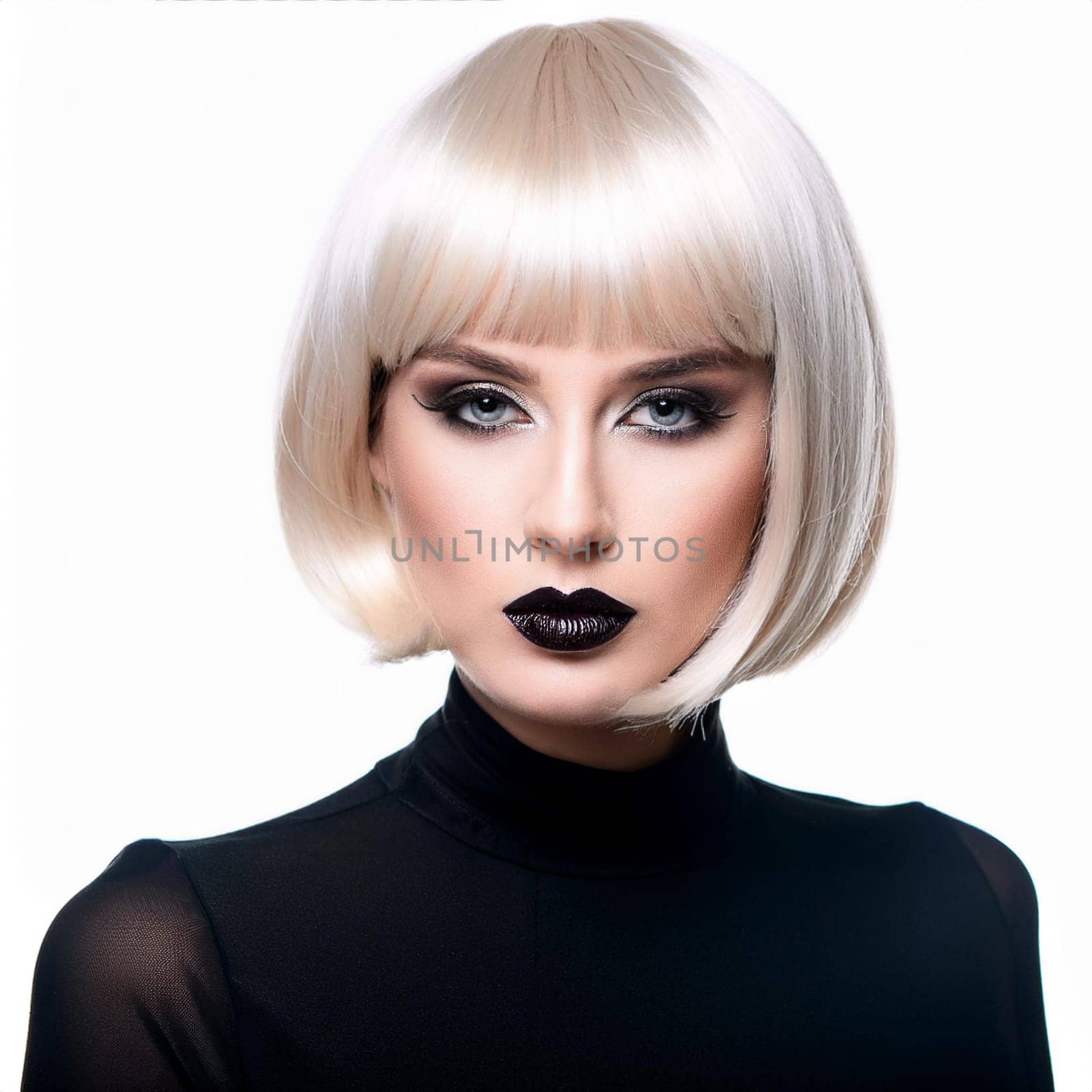 This beautiful young woman showcases her colorful bob hairstyle and striking makeup in a closeup portrait.