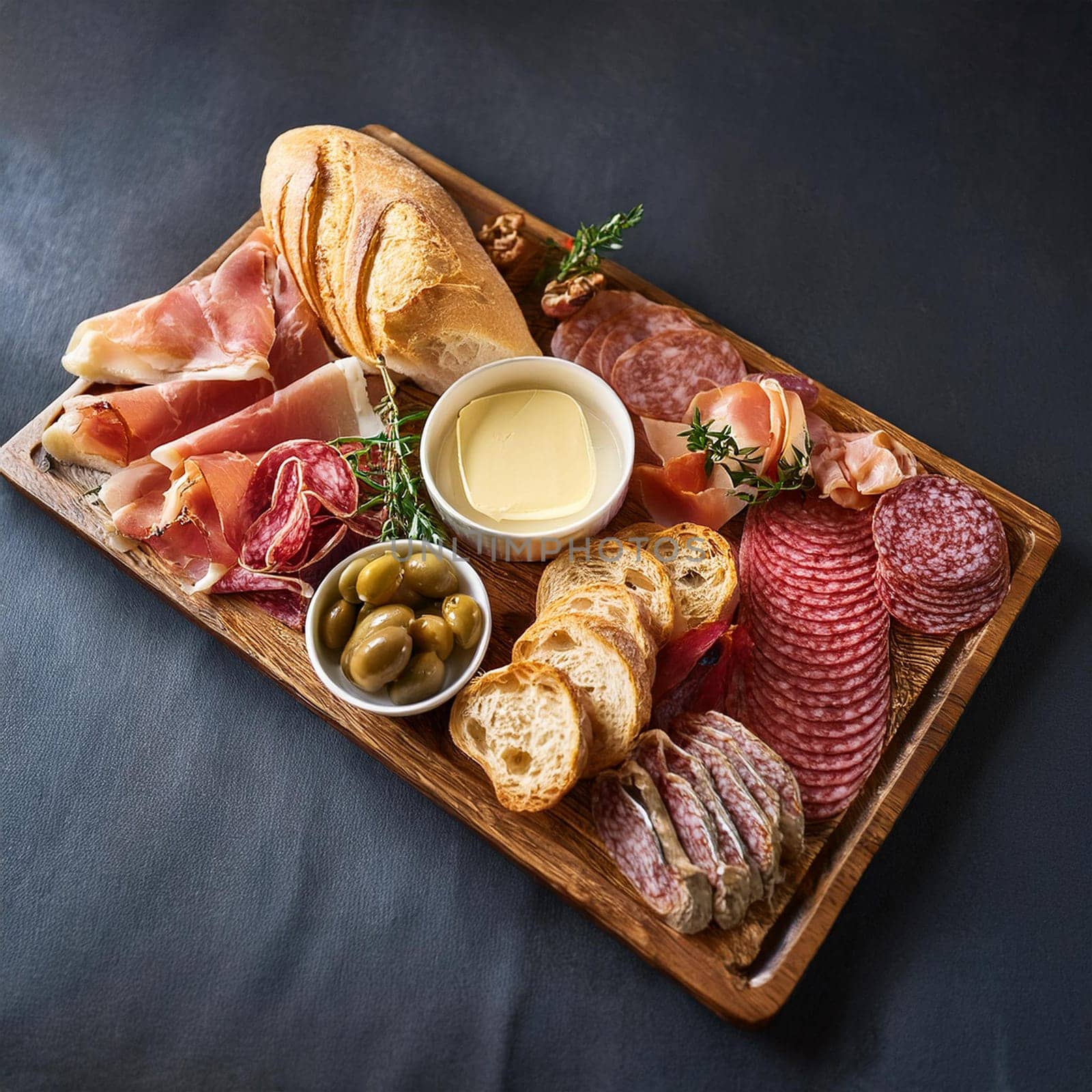 Assorted cured meats beautifully arranged with fresh baguette slices and creamy butter perfect for sharing and enjoying together.