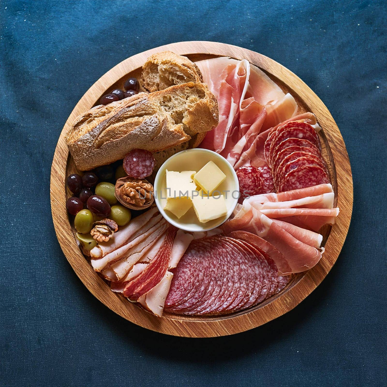 Assorted cured meats beautifully arranged with fresh baguette slices and creamy butter perfect for sharing and enjoying together.